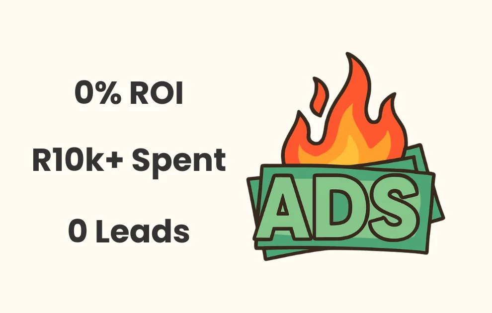 Illustration of paid ads draining marketing budget without generating leads or ROI for a South African business.