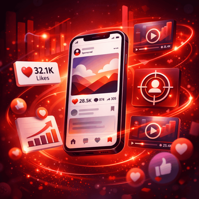 Social media marketing growth illustration showing sponsored post, engagement metrics, targeting and video ad performance.